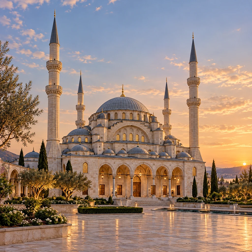 A mosque and courtyard in the evening light